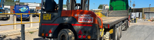 Moffett forklift mounted on the rear of a UK HGV trailer